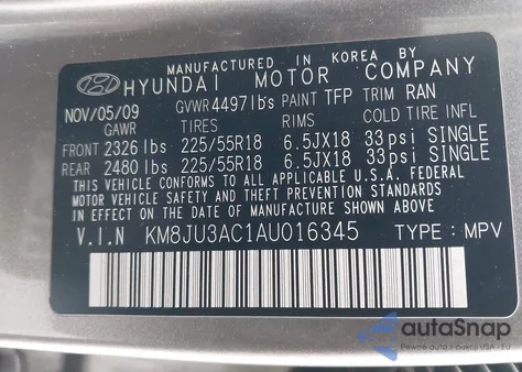 2010 Hyundai Tucson Limited z USA, uszkodzony, nr VIN KM8JU3AC1AU016345